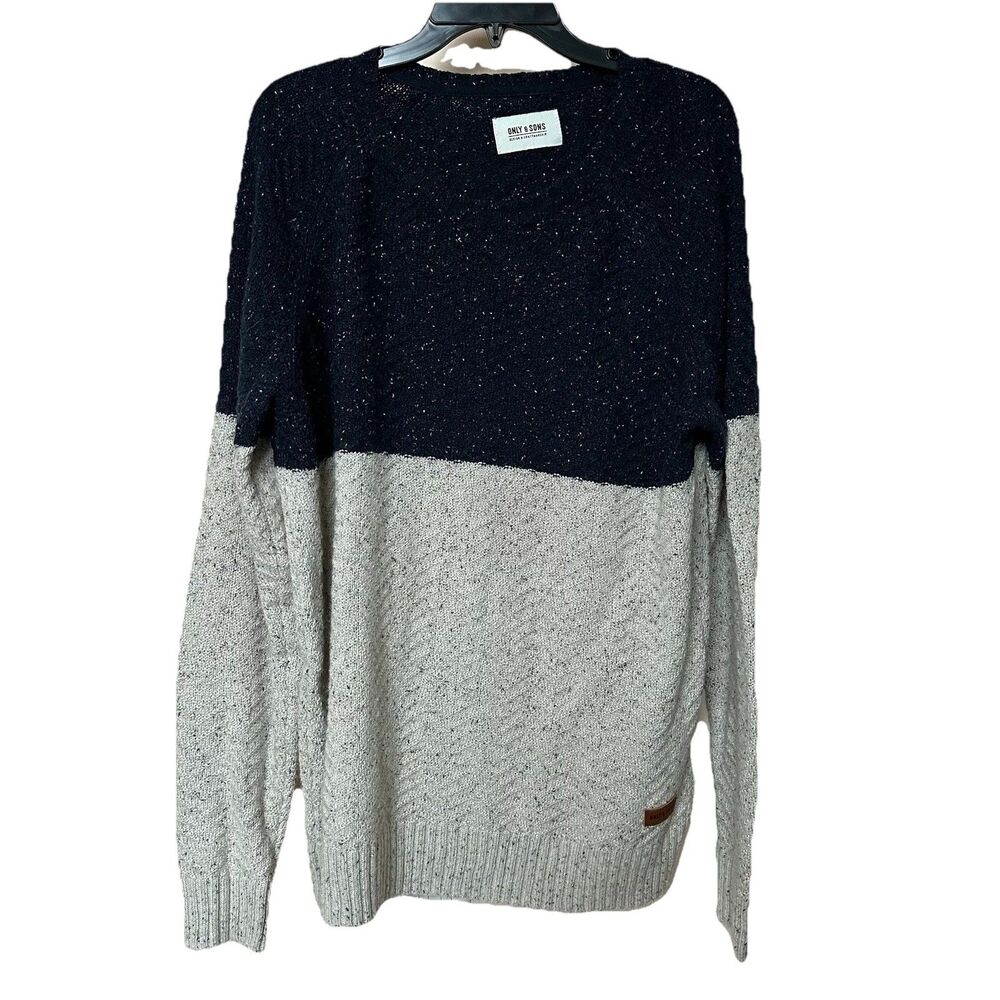 Only & Sons Sweater Men’s XL  Blue & Tan Colorblock Pullover Retro Cabin Lodge